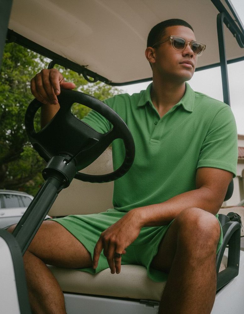 Man in a terry green Golden Bear polo and matching shorts seated at the wheel of a golf cart