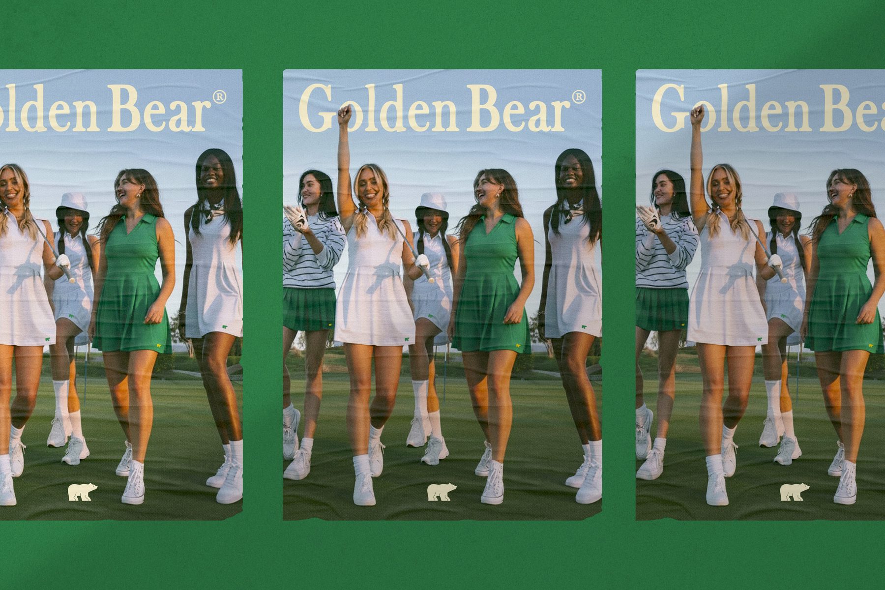 Three Golden Bear campaign posters of women in green and white tennis wear, hung in a shopping arcade