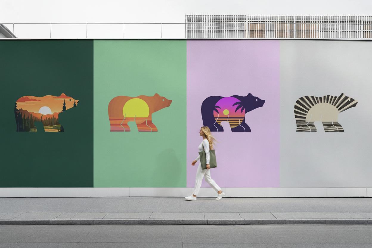 Street wall painted with four oversized Golden Bear silhouettes, each filled with different landscape artwork