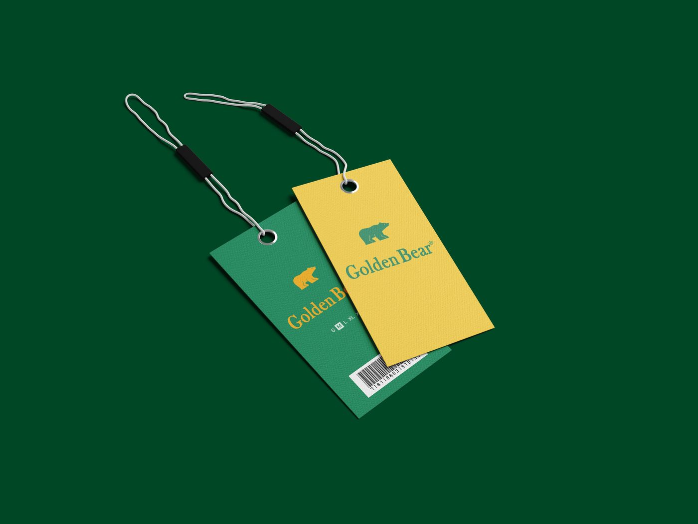Green and gold Golden Bear swing tags on a dark green background