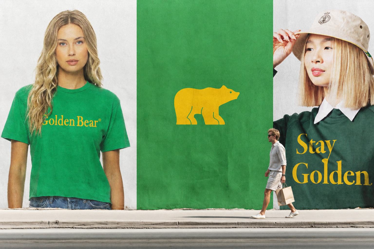 Triptych: a woman in a kelly green Golden Bear tee, the gold bear mark painted on a green wall, and a woman in a Stay Golden rugby shirt
