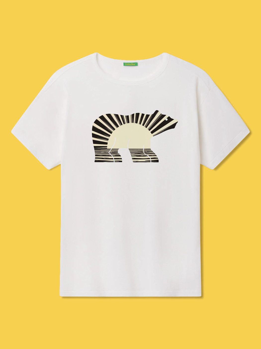 White tee with a Golden Bear silhouette filled with a radiating sun graphic, on a yellow background